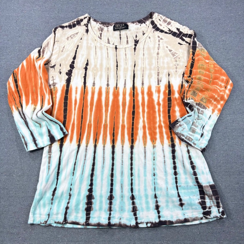 Tryst Top Women Plus Size 0X Orange Turquoise Tie Dye Cotton 3/4 Sleeve 9297TMDS